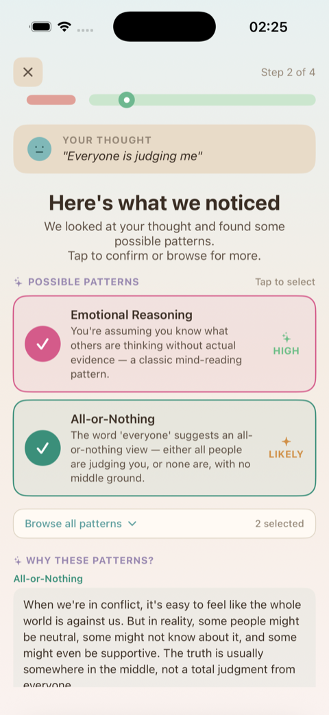 AI detecting Emotional Reasoning and All-or-Nothing thinking patterns with explanations