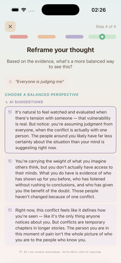 AI suggesting personalized balanced perspective reframes