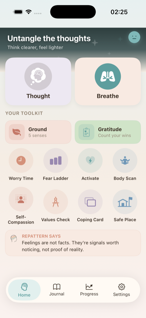 RePattern home screen showing toolkit with Thought, Breathe, Ground, Gratitude, and more exercises