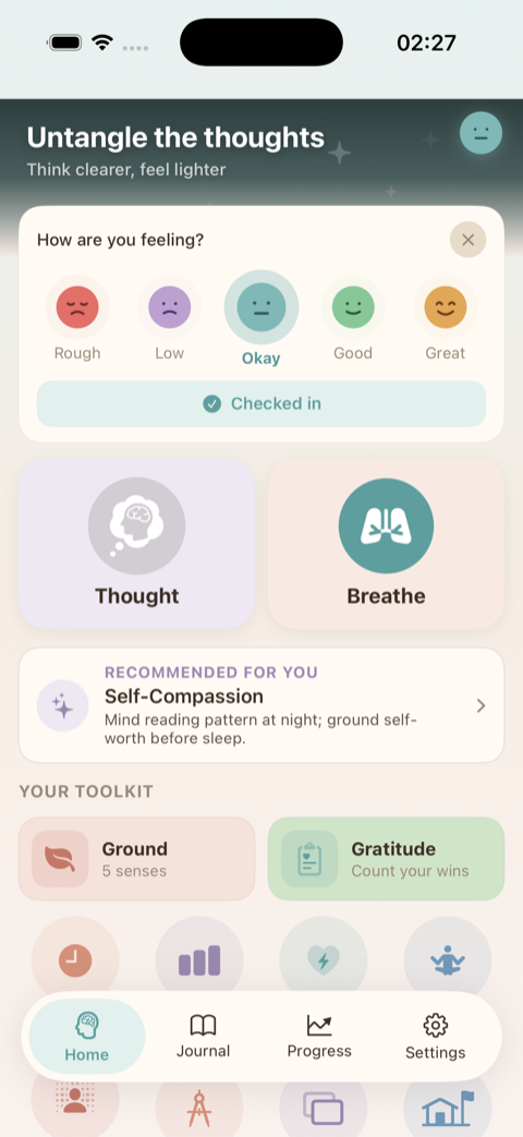 Home screen with mood check-in and AI exercise recommendation