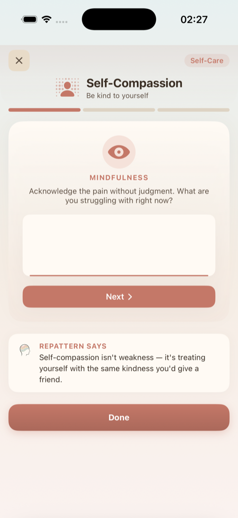 Self-Compassion exercise with mindfulness prompt