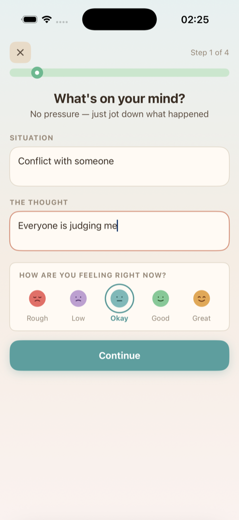 Thought record step 1 — writing your situation and thought with mood selector